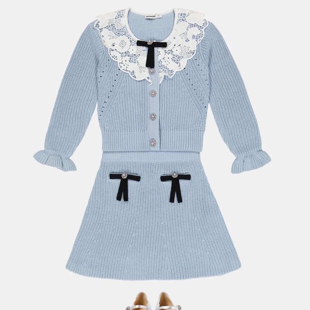 Self Portrait Blue Cotton Knit Jacket/ Cardigan and Skirt